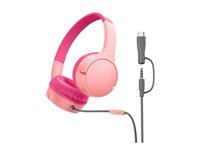 Belkin SoundForm Mini - Hörlurar med mikrofon - på örat - kabelansluten - 3,5 mm kontakt, USB-C - rosa AUD010HQPK
